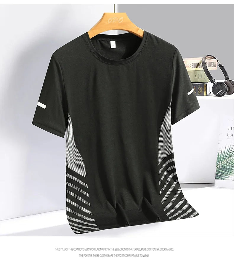 Running T-shirt Men Summer Ice Silk Thin Top Reflective Printing Quick Dry Short Sleeve Breathable Fitness Sports T-shirt 5XL