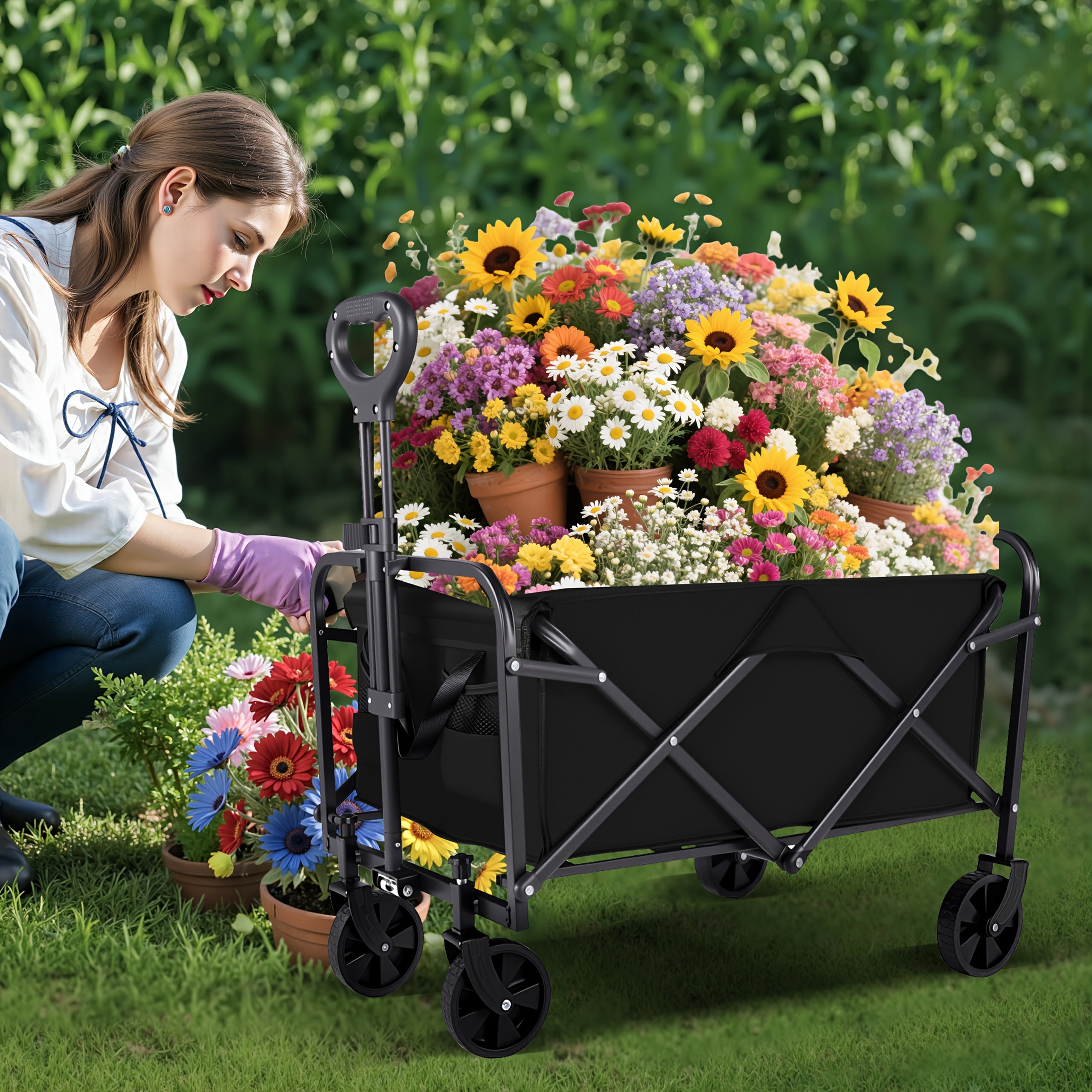 220LBS/ 450LBS/ 680LBS All Terrain Heavy Duty Folding Cart, Large Capacity Camper Suitable for Yard Shopping/ Sports/ Outdoor/ Gardening Equipment Handling, Black Multifunctional Utility Cart, Gardening Transport, Shopping Ca