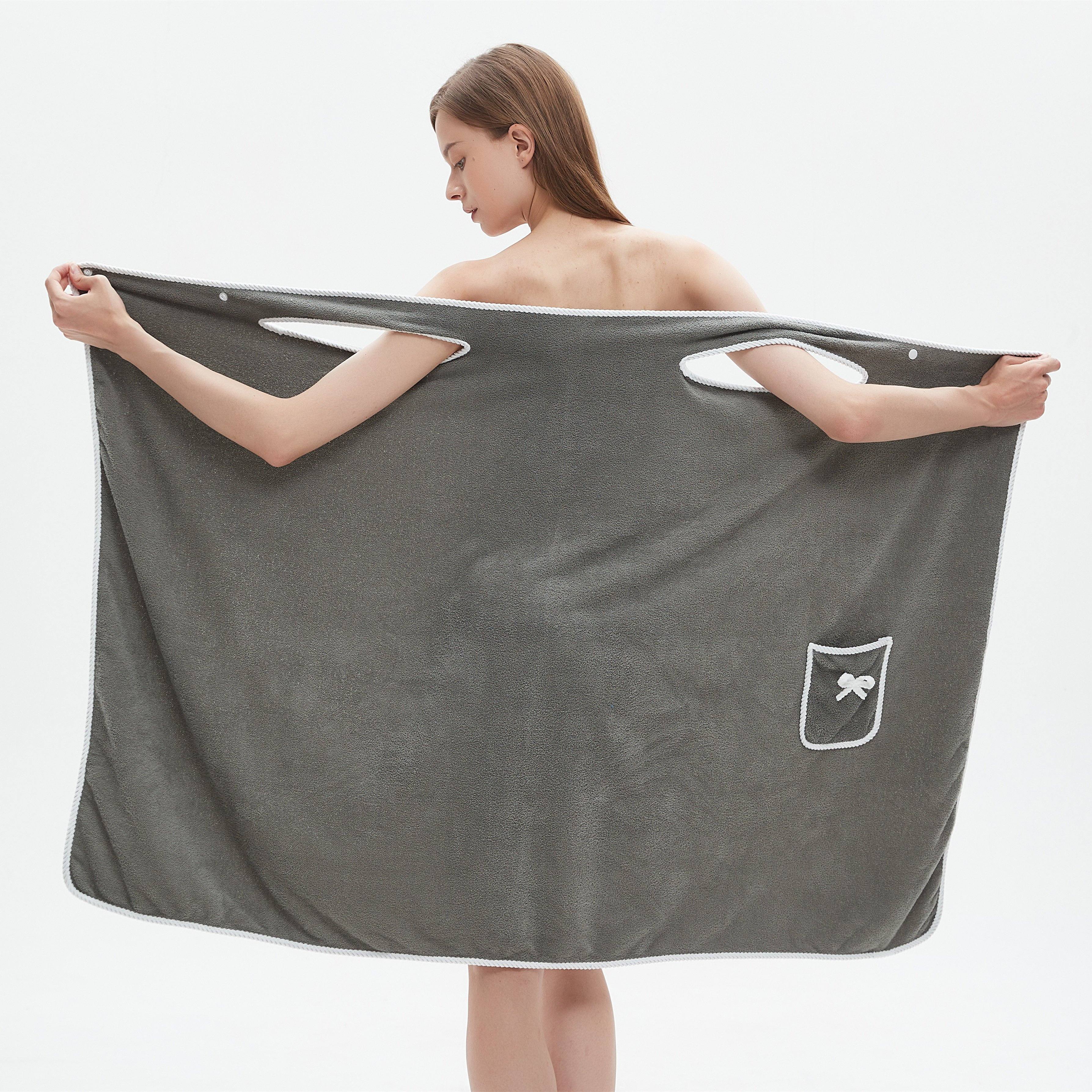 1pc Ultra-Soft Coral Velvet Bath Towel Skirt with Bowknot Design - Quick Dry, No Hair Loss, One Size Fits Most (5'2"-5'74", 132lbs-176lbs), Grey with White Pockets & Ties