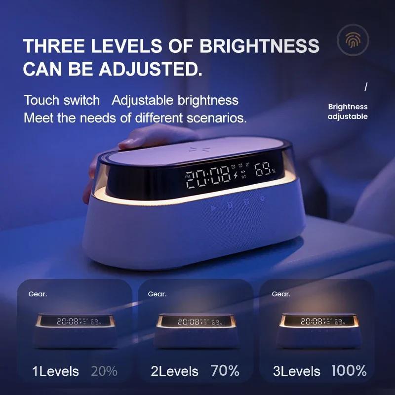 Fast 15W Wireless Charging Digital Alarm Clock Radio - 6 In 1 Bedside Clock With Dual Alarm, FM Radio, 12/24H USB Charger, Countdown Timer, RGB Mode, Wireless Speaker