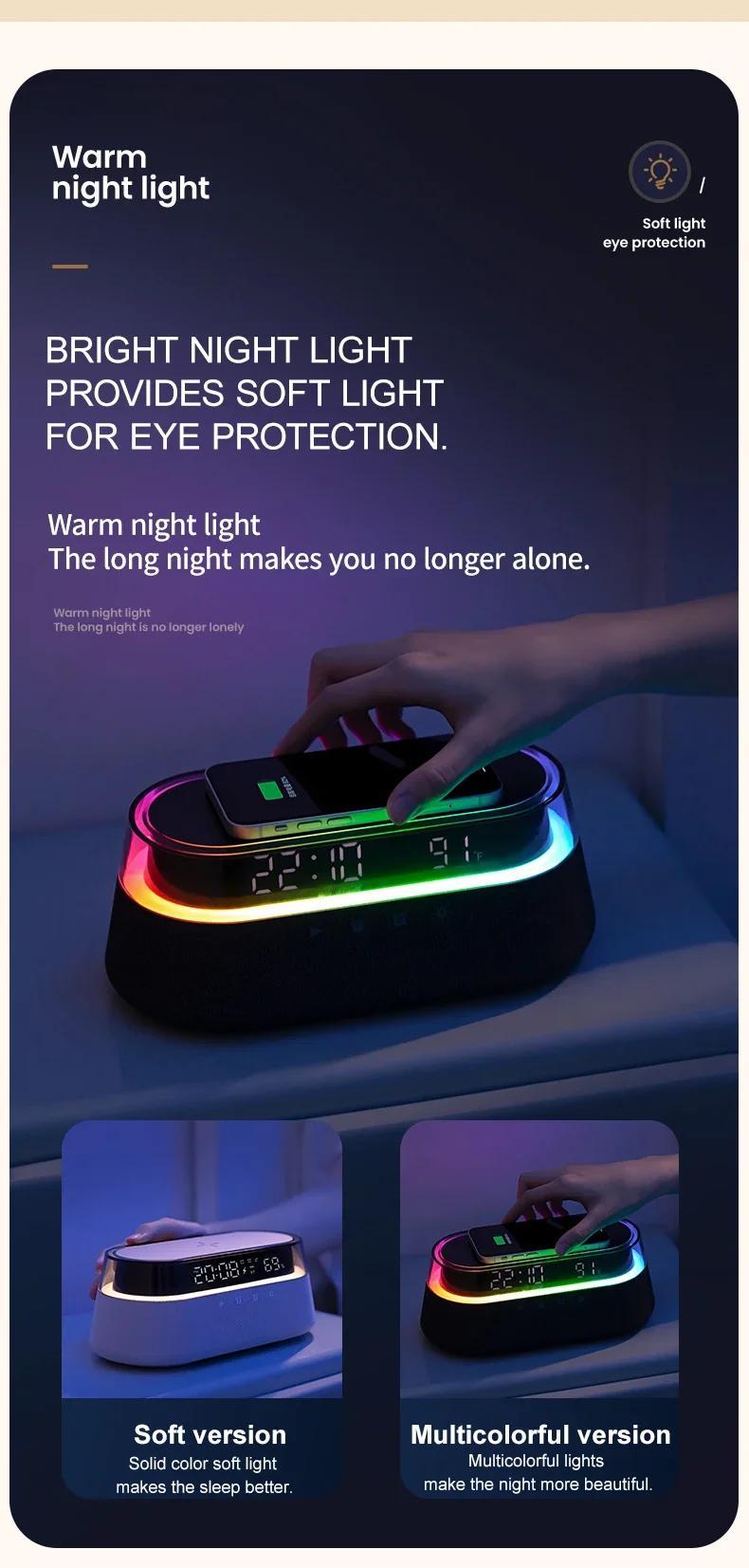 Fast 15W Wireless Charging Digital Alarm Clock Radio - 6 In 1 Bedside Clock With Dual Alarm, FM Radio, 12/24H USB Charger, Countdown Timer, RGB Mode, Wireless Speaker