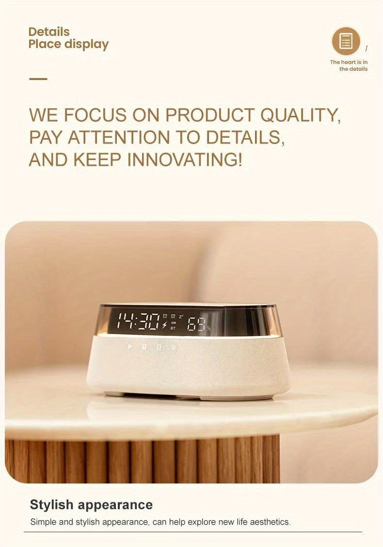 Fast 15W Wireless Charging Digital Alarm Clock Radio - 6 In 1 Bedside Clock With Dual Alarm, FM Radio, 12/24H USB Charger, Countdown Timer, RGB Mode, Wireless Speaker