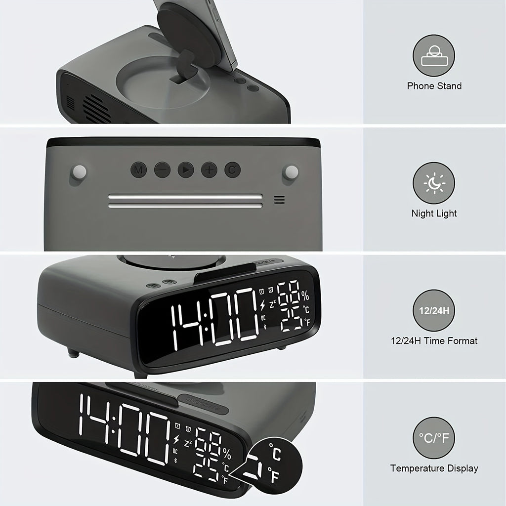 6-in-1 Alarm Clock With Wireless Charging, USB Charging Port, Night Light Wireless Speaker, 3-level Brightness Digital Clock Temperature, 12/24 Hours, Bedroom Snooze Alarm Clock