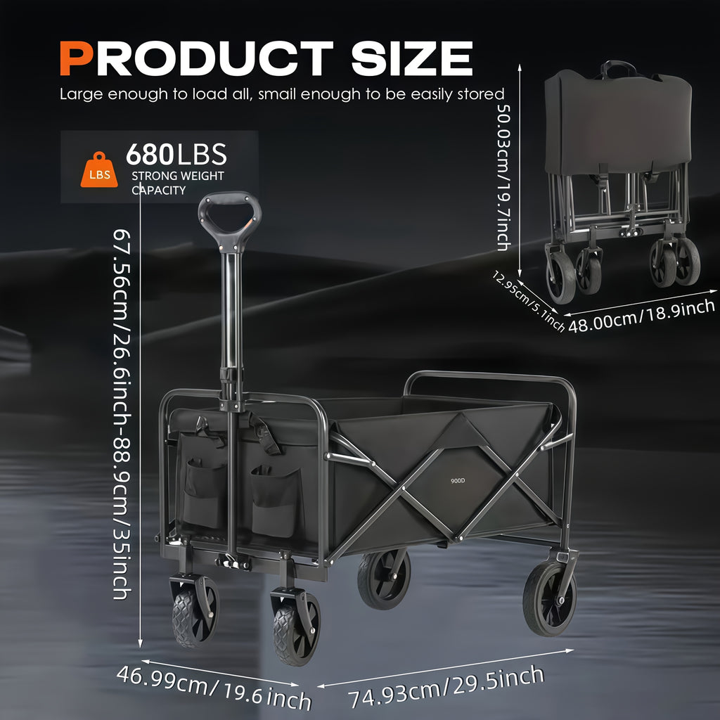 220LBS/ 450LBS/ 680LBS All Terrain Heavy Duty Folding Cart, Large Capacity Camper Suitable for Yard Shopping/ Sports/ Outdoor/ Gardening Equipment Handling, Black Multifunctional Utility Cart, Gardening Transport, Shopping Ca