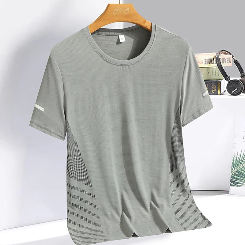 Running T-shirt Men Summer Ice Silk Thin Top Reflective Printing Quick Dry Short Sleeve Breathable Fitness Sports T-shirt 5XL