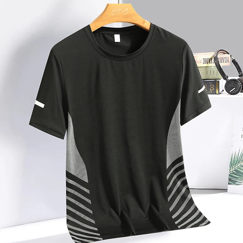 Running T-shirt Men Summer Ice Silk Thin Top Reflective Printing Quick Dry Short Sleeve Breathable Fitness Sports T-shirt 5XL
