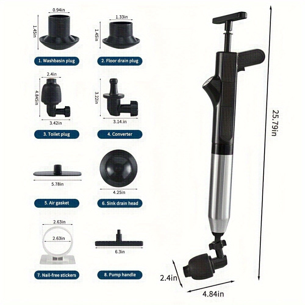 High Pressure Air Toilet Plunger Set, Stainless Steel Toilet Snake Toilet Unclogger, Air Drain Blaster Plunger for Kitchen Sink, Toilet, Bathroom, Clogged Pipe