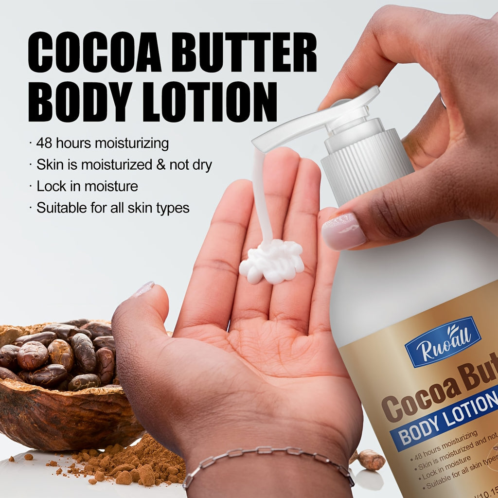 RUOALL Cocoa Butter Body Lotion 300ml - Moisturizing Formula with Glycerin, Vitamin C, Lavender Scent - Alcohol-Free, Unisex-Adult, All Skin Types - Long-Lasting Hydration, Skin Tightening, Even Skin Tone - 15.1 oz