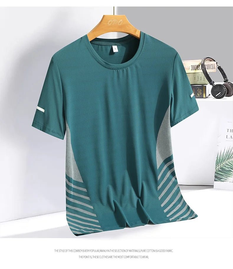 Running T-shirt Men Summer Ice Silk Thin Top Reflective Printing Quick Dry Short Sleeve Breathable Fitness Sports T-shirt 5XL