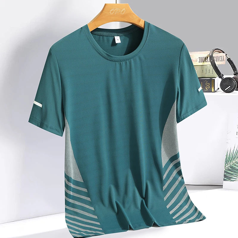 Running T-shirt Men Summer Ice Silk Thin Top Reflective Printing Quick Dry Short Sleeve Breathable Fitness Sports T-shirt 5XL