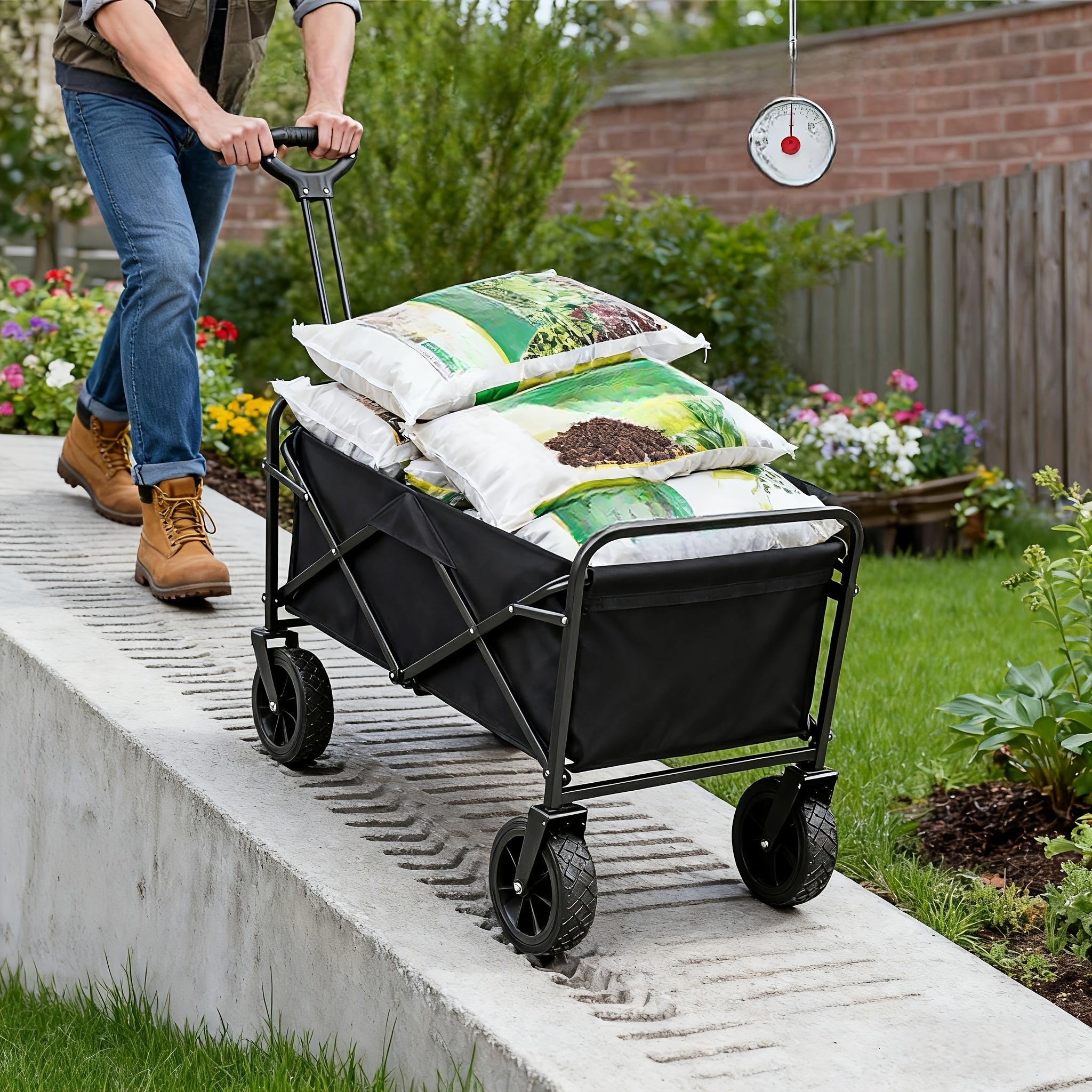 220LBS/ 450LBS/ 680LBS All Terrain Heavy Duty Folding Cart, Large Capacity Camper Suitable for Yard Shopping/ Sports/ Outdoor/ Gardening Equipment Handling, Black Multifunctional Utility Cart, Gardening Transport, Shopping Ca