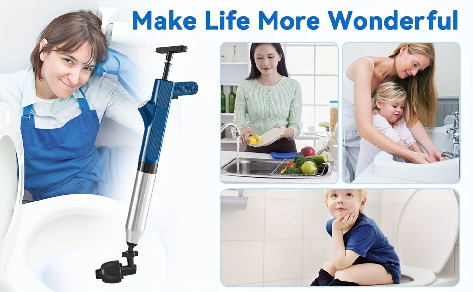 High Pressure Air Toilet Plunger Set, Stainless Steel Toilet Snake Toilet Unclogger, Air Drain Blaster Plunger for Kitchen Sink, Toilet, Bathroom, Clogged Pipe