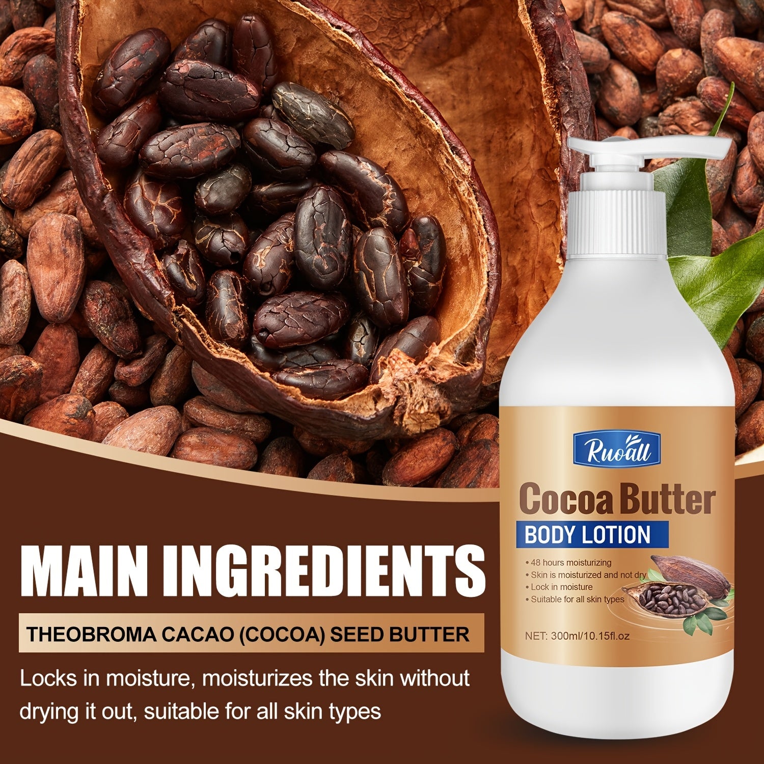 RUOALL Cocoa Butter Body Lotion 300ml - Moisturizing Formula with Glycerin, Vitamin C, Lavender Scent - Alcohol-Free, Unisex-Adult, All Skin Types - Long-Lasting Hydration, Skin Tightening, Even Skin Tone - 15.1 oz