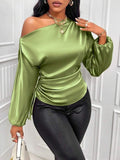 Amazon Cross-Border European and American New Women's Satin Shirt Spring and Summer Asymmetrical Long-Sleeved Slope Collar Shirt Top