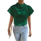 2026 Cross-Border Hot-Selling New Product Round Neck Short-Sleeve Left Shoulder Ruched T-Shirt Satin Women's Top Wholesale in Stock
