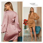 Cross V Neck Dress Satin Long-Sleeved Dress Amazon Cross-Border Lady Style Slim Fit Women's Clothing