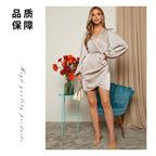 Cross V Neck Dress Satin Long-Sleeved Dress Amazon Cross-Border Lady Style Slim Fit Women's Clothing