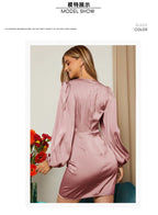 Cross V Neck Dress Satin Long-Sleeved Dress Amazon Cross-Border Lady Style Slim Fit Women's Clothing