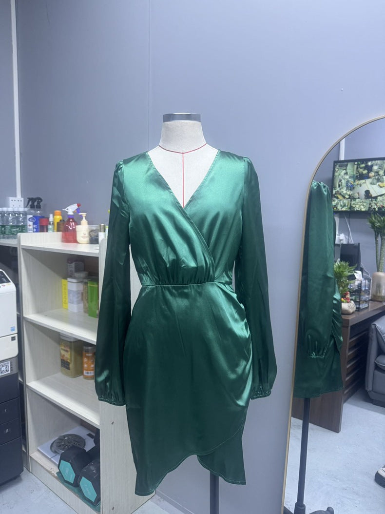 Cross V Neck Dress Satin Long-Sleeved Dress Amazon Cross-Border Lady Style Slim Fit Women's Clothing