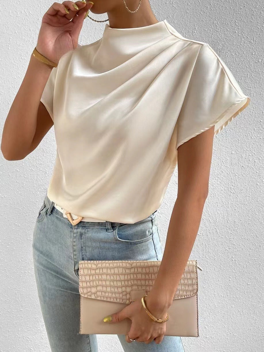 2026 Cross-Border Hot-Selling New Product Round Neck Short-Sleeve Left Shoulder Ruched T-Shirt Satin Women's Top Wholesale in Stock