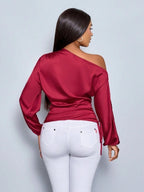 Amazon Cross-Border European and American New Women's Satin Shirt Spring and Summer Asymmetrical Long-Sleeved Slope Collar Shirt Top