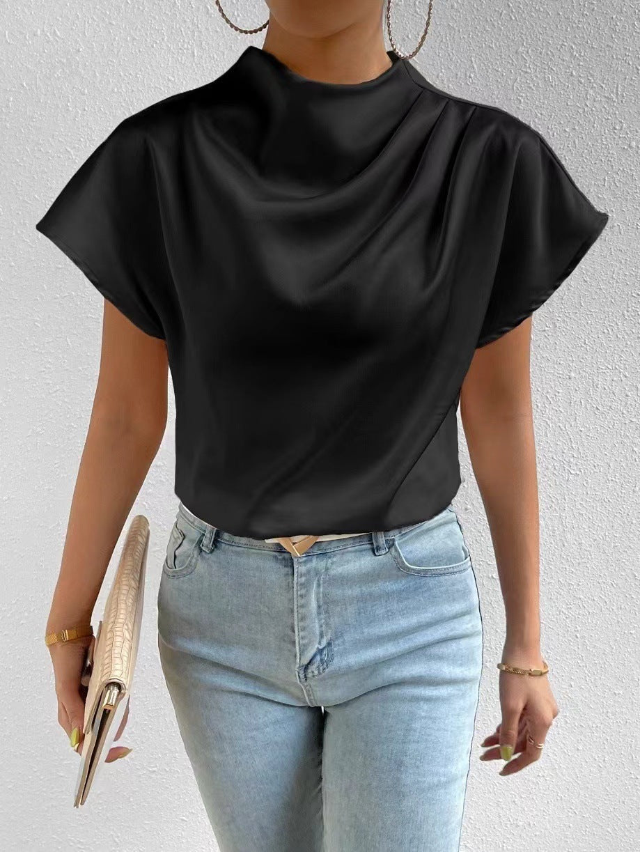 2026 Cross-Border Hot-Selling New Product Round Neck Short-Sleeve Left Shoulder Ruched T-Shirt Satin Women's Top Wholesale in Stock