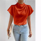 2026 Cross-Border Hot-Selling New Product Round Neck Short-Sleeve Left Shoulder Ruched T-Shirt Satin Women's Top Wholesale in Stock