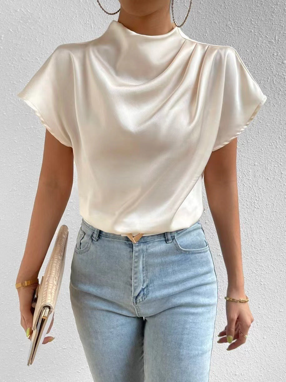 2026 Cross-Border Hot-Selling New Product Round Neck Short-Sleeve Left Shoulder Ruched T-Shirt Satin Women's Top Wholesale in Stock