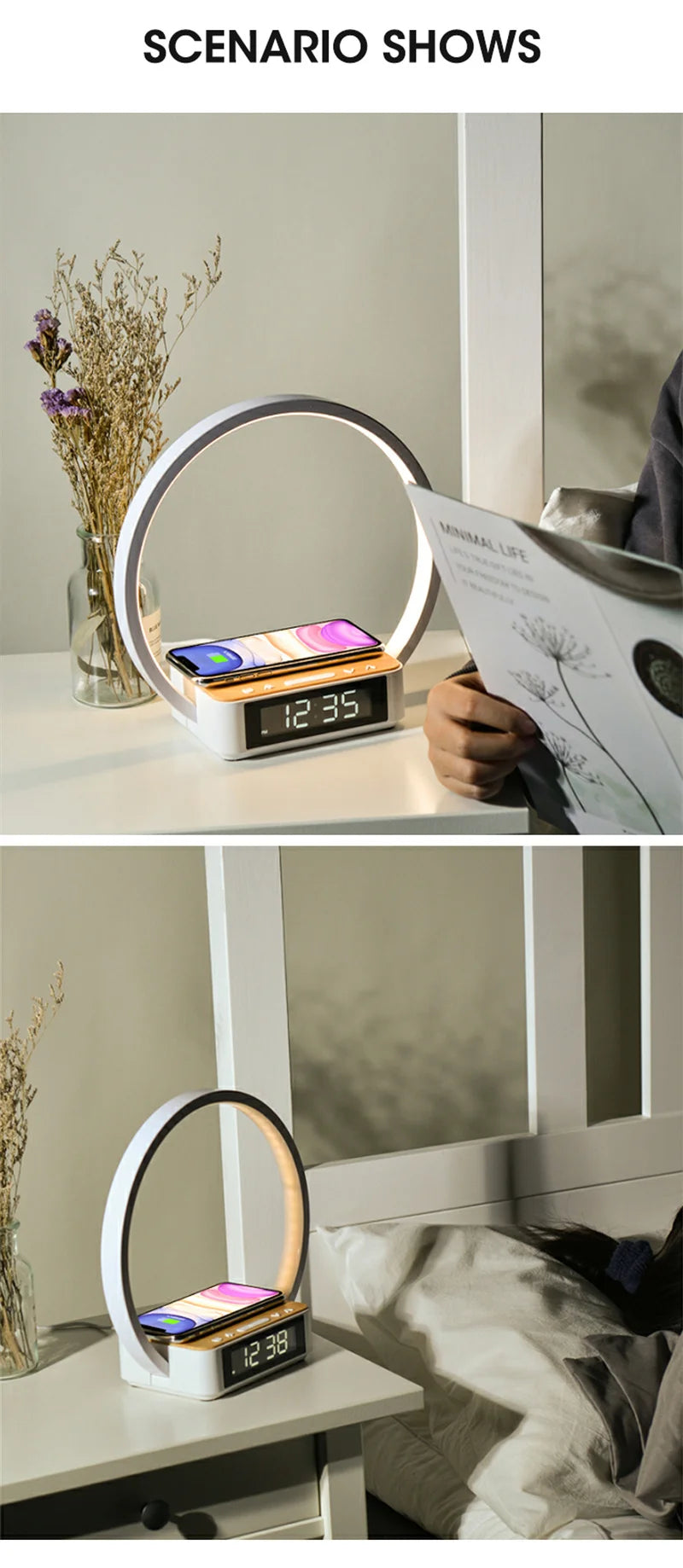 3 in 1 Wireless Charging Bedside Lamp Touch Table Lamp With Alarm Clock Wake-Up Light Nightstand Reading Night Light for Bedroom