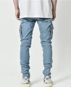 new Jeans Men Pants Wash Solid Color Multi Pockets Denim Mid Waist Cargo Jeans Plus Size Fahsion Casual Trousers Male Daily Wear