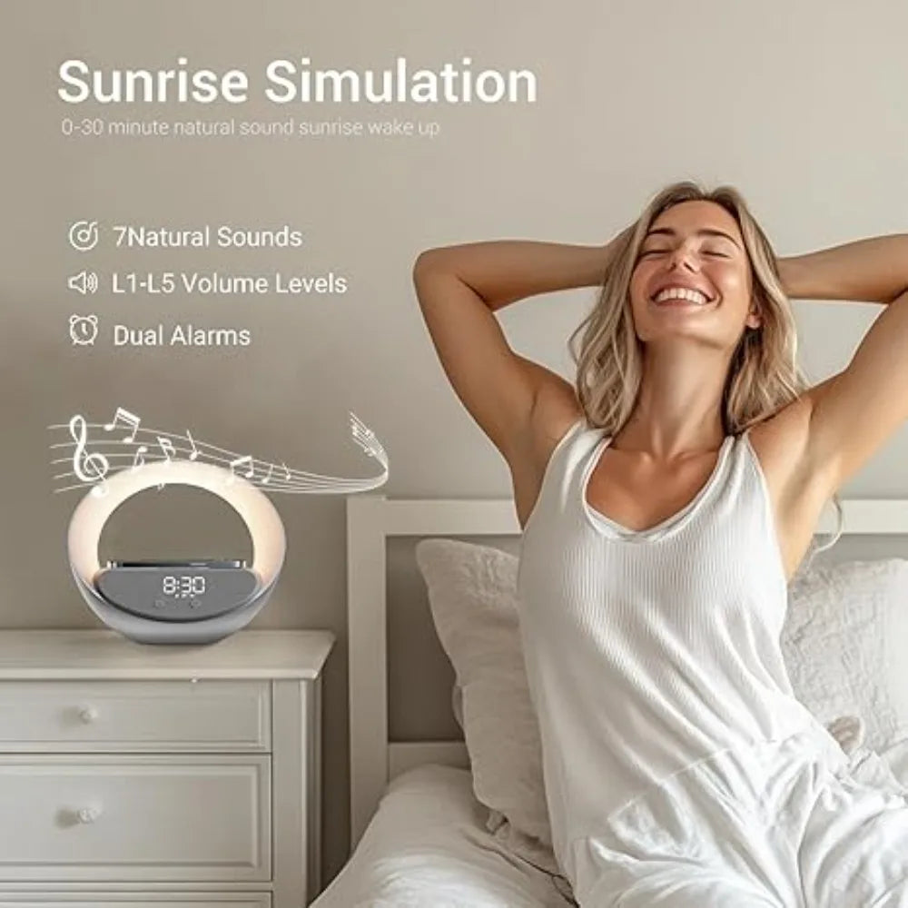 Colsur 15W Wireless Charger Bluetooth Speaker Alarm Clock, Sunrise Simulation Adjustable LED Night Light Alarm Clock Function