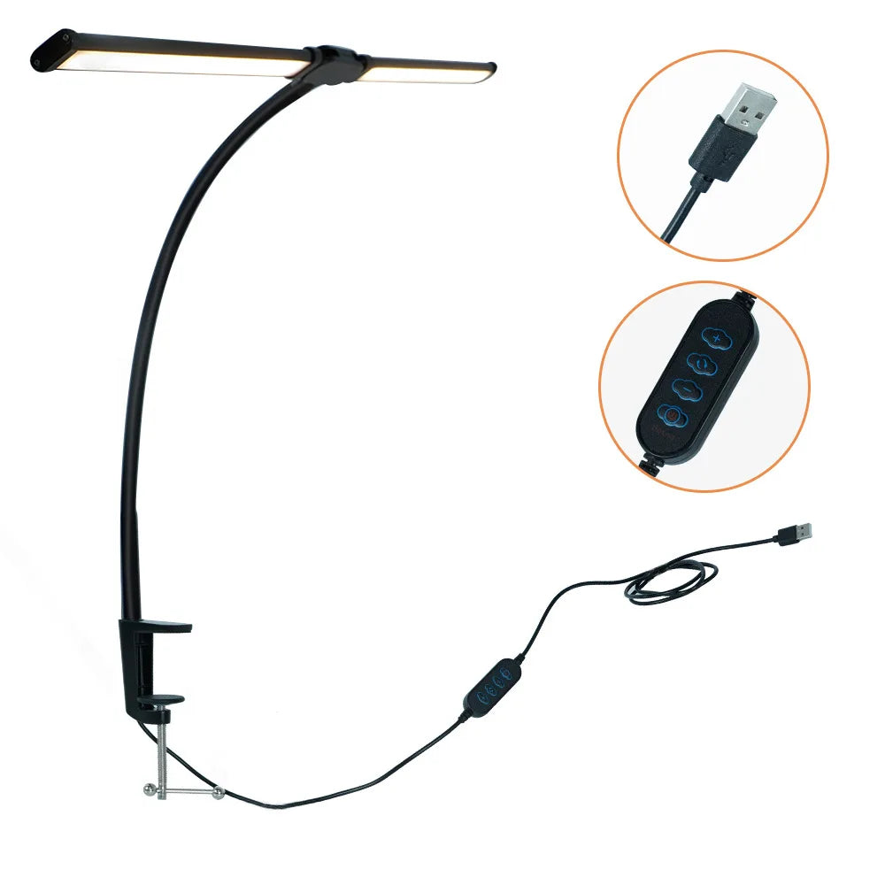 Desk Lamps Double Head LED Stepless Dimmable Led USB Table Lamp for Office Study Reading Lighting Fixture Computer Monitor Light