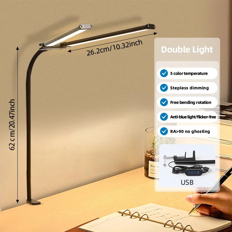 Desk Lamps Double Head LED Stepless Dimmable Led USB Table Lamp for Office Study Reading Lighting Fixture Computer Monitor Light