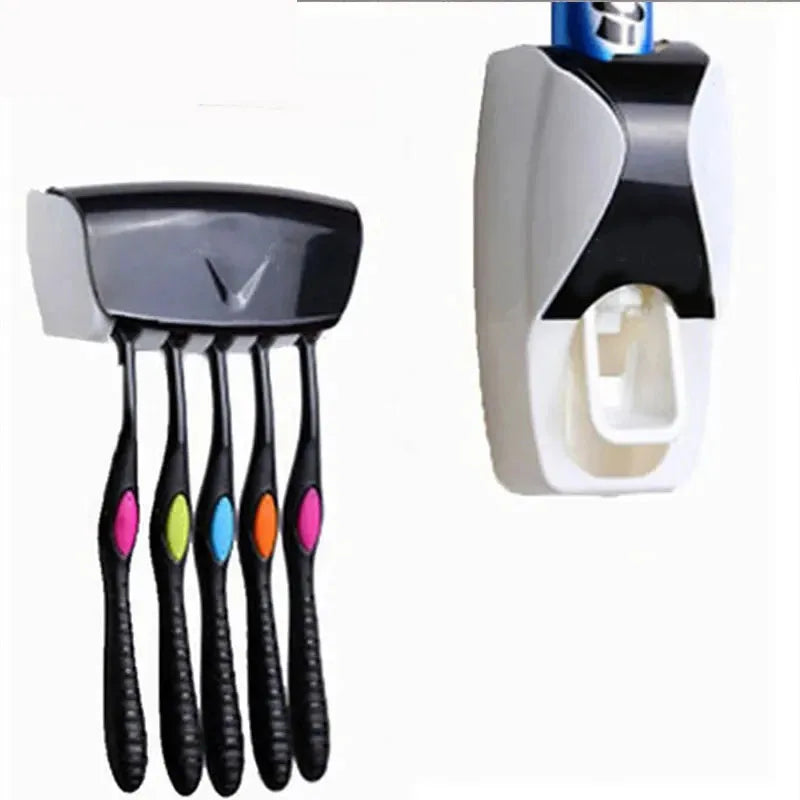 2PCS Automatic Toothpaste Dispenser Wall Mount Dust-proof Toothbrush Holder Wall Mount Bathroom Accessories Set Squeezer