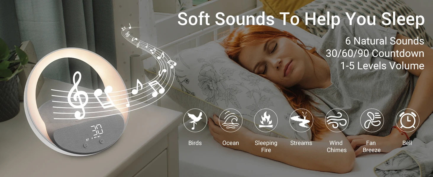 Colsur 15W Wireless Charger Bluetooth Speaker Alarm Clock, Sunrise Simulation Adjustable LED Night Light Alarm Clock Function