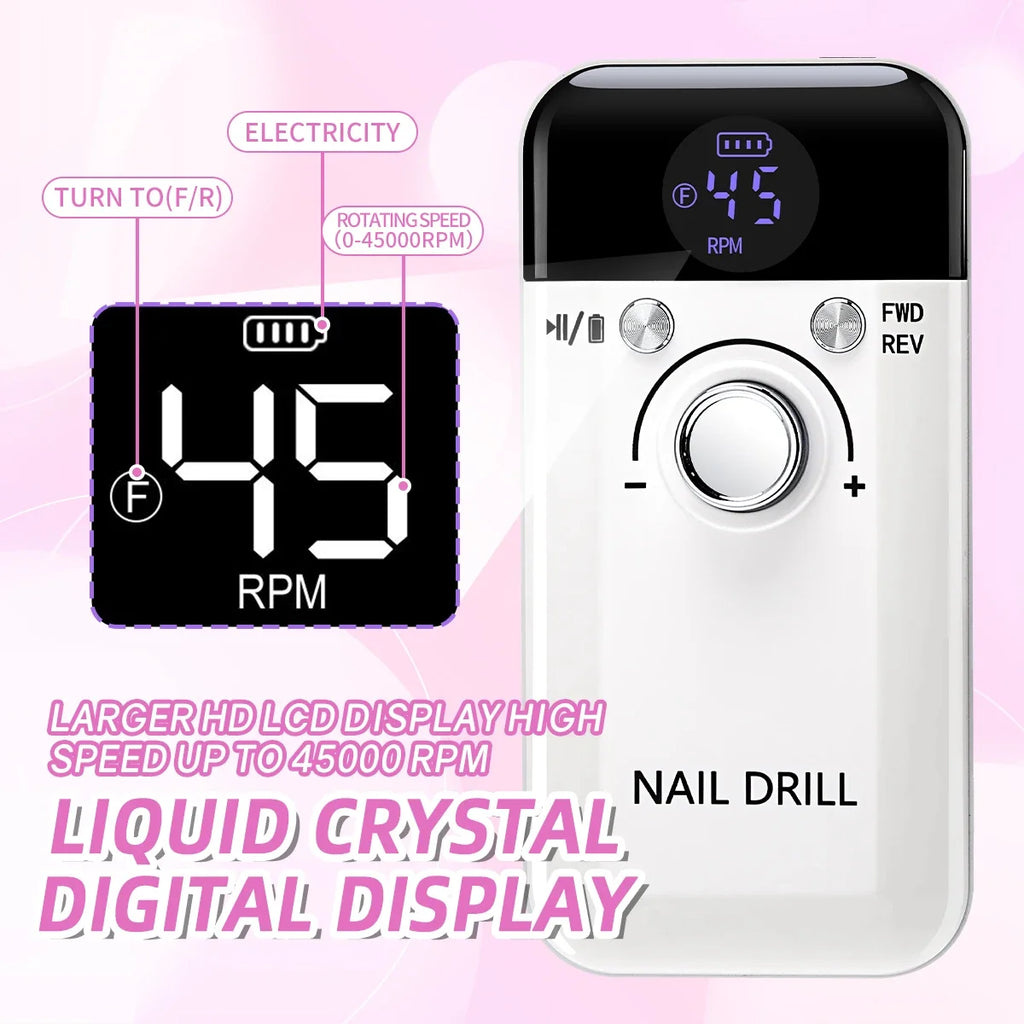 Professional Nail Drill Machine Set 45000RPM Rechargeable Portable Electric Nail File for Manicure Acrylic Gel Nails Salon Tools