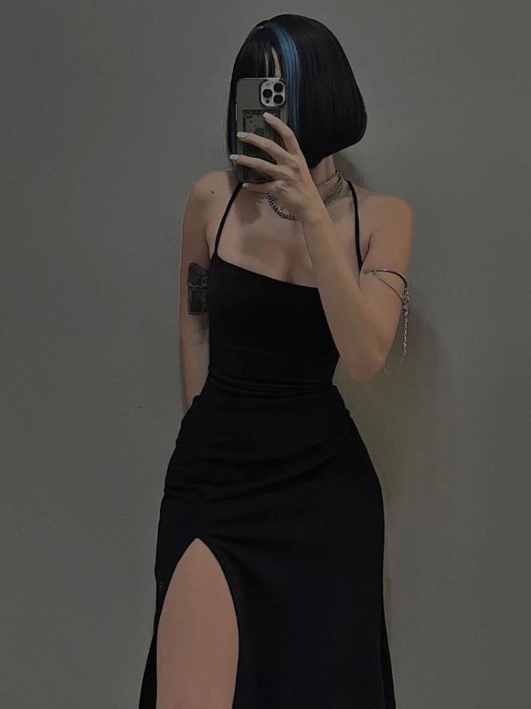 AltGoth Coquette Elegant Party Dress Women Mall Goth Vintage Aesthetic Fairycore Grunge Backless Lace-up High Waist Halter Dress