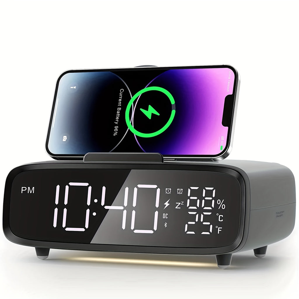 6-in-1 Alarm Clock With Wireless Charging, USB Charging Port, Night Light Wireless Speaker, 3-level Brightness Digital Clock Temperature, 12/24 Hours, Bedroom Snooze Alarm Clock