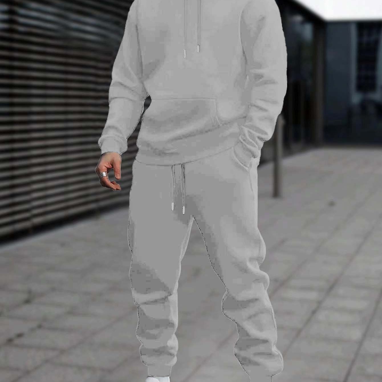 Men's 2pcs White Hoodie & Jogger Set - Casual Solid Color, Knit Polyester, with Pockets | Perfect for Fall/Winter Sports & Leisure