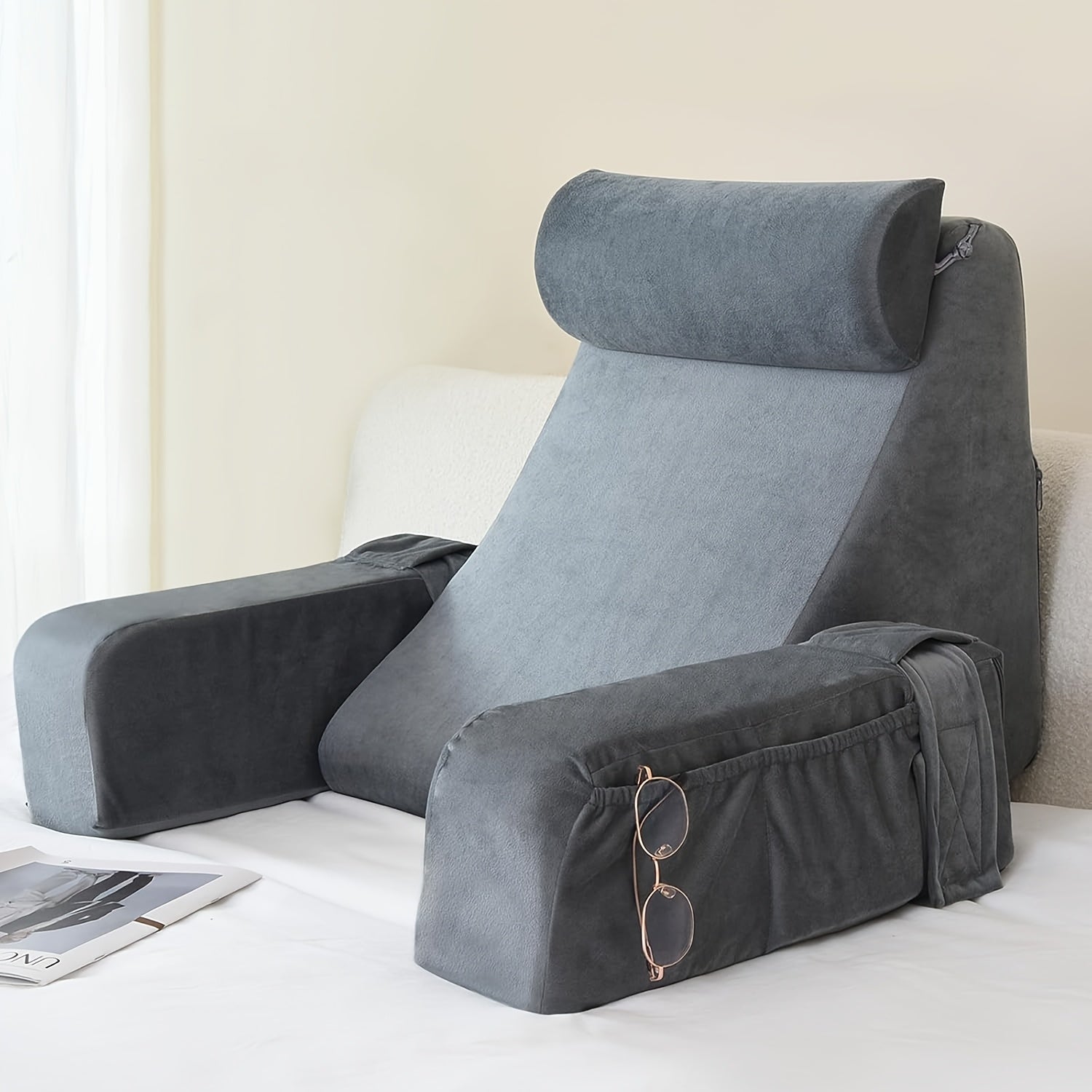 1pc Grey Reading Pillow, Soft Compressible Back Support with Arms, Machine Washable, Knitted Polyester Cover, Full Body Comfort for Bed, Chair, TV, Gaming - Adult Backrest Pillow