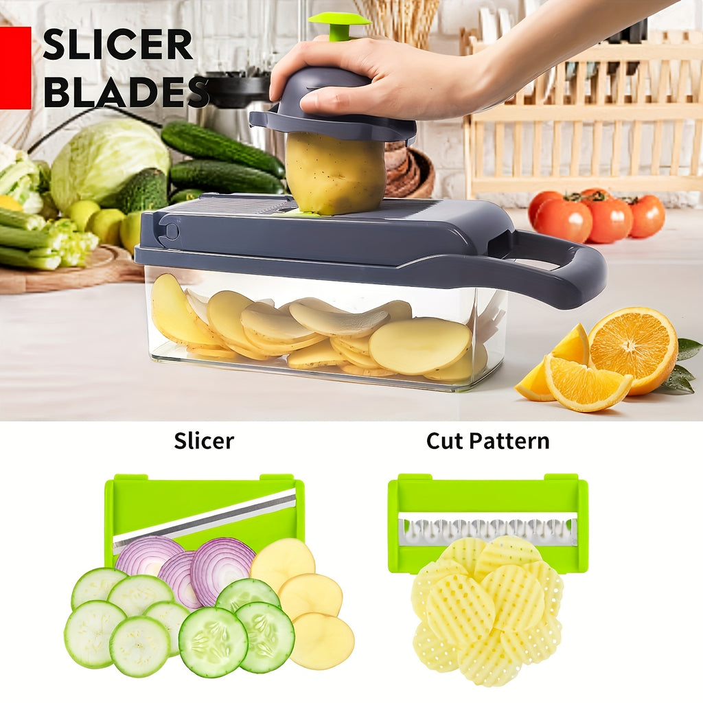 13-in-1 Multifunctional Vegetable Chopper and Slicer with 8 Stainless Steel Blades, Detachable Plastic Body, Includes Storage Container - Ideal for Onions, Carrots, Garlic - Gray, valentines gifts for men